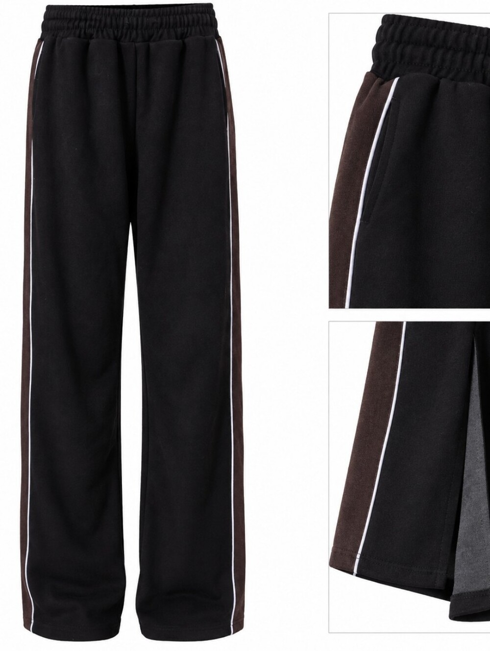 Black Wide Leg Track Pants with Brown Side Stripe Size M